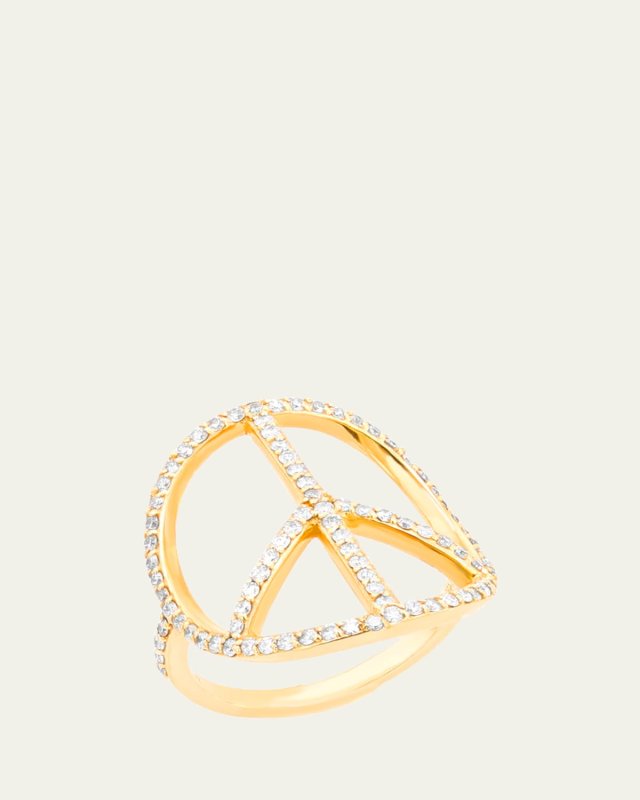 14K Yellow Gold Pave Diamond Circular Peace Sign Ring